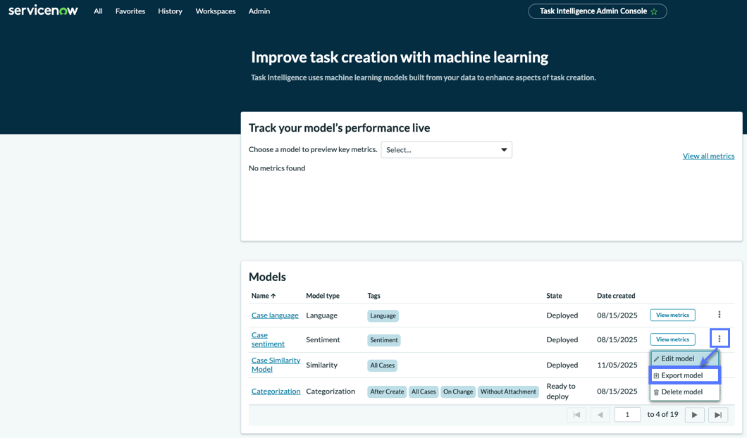 Export model button in the Models list.
