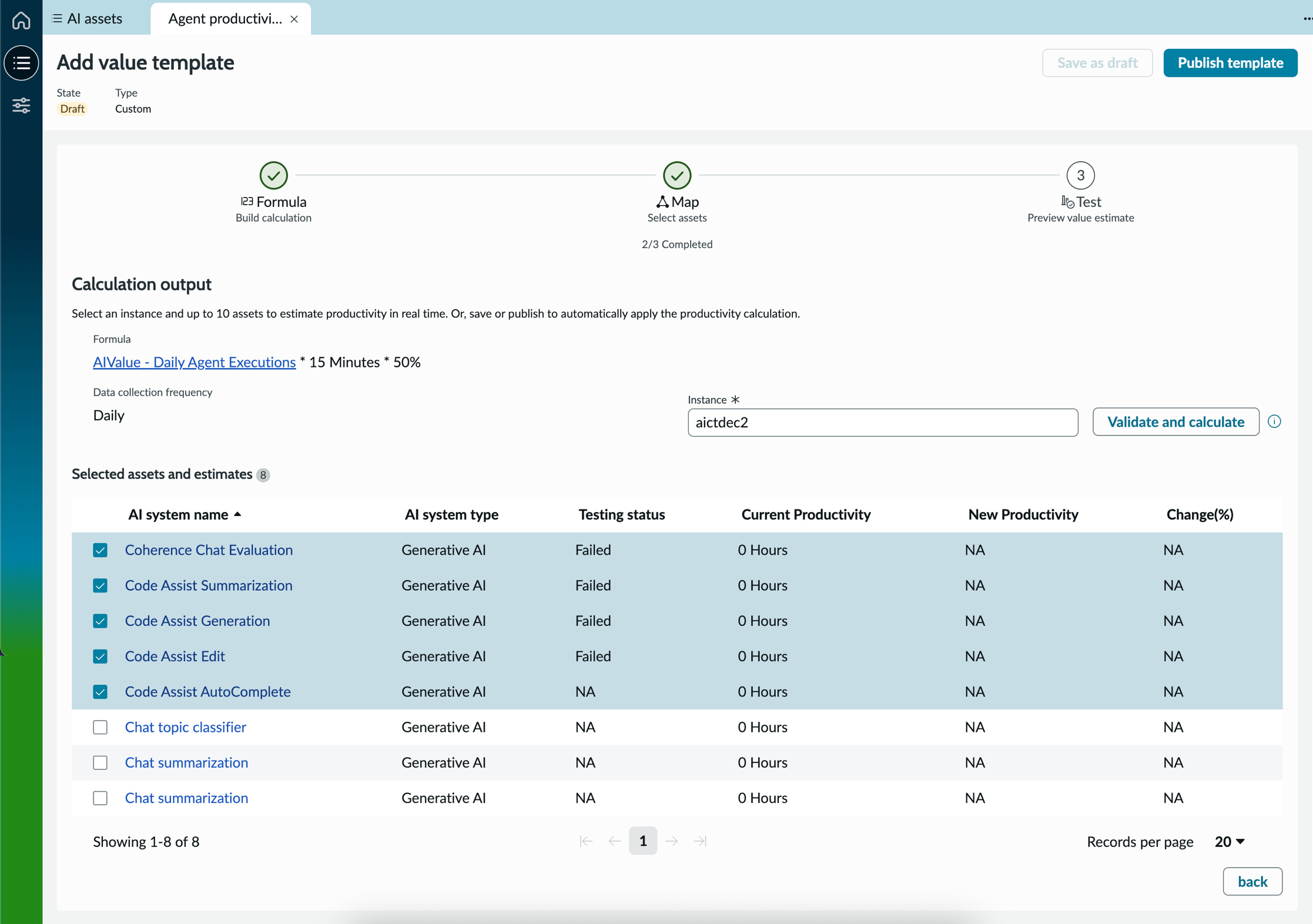 Test section in the Add value template form in AI Control Tower.