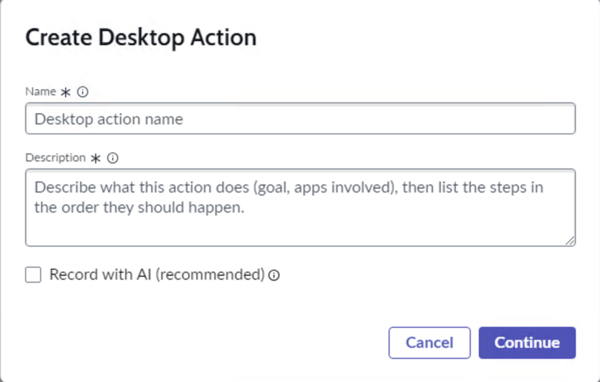 Create desktop action modal with Record with AI option cleared and fields to enter name and description for the desktop action.