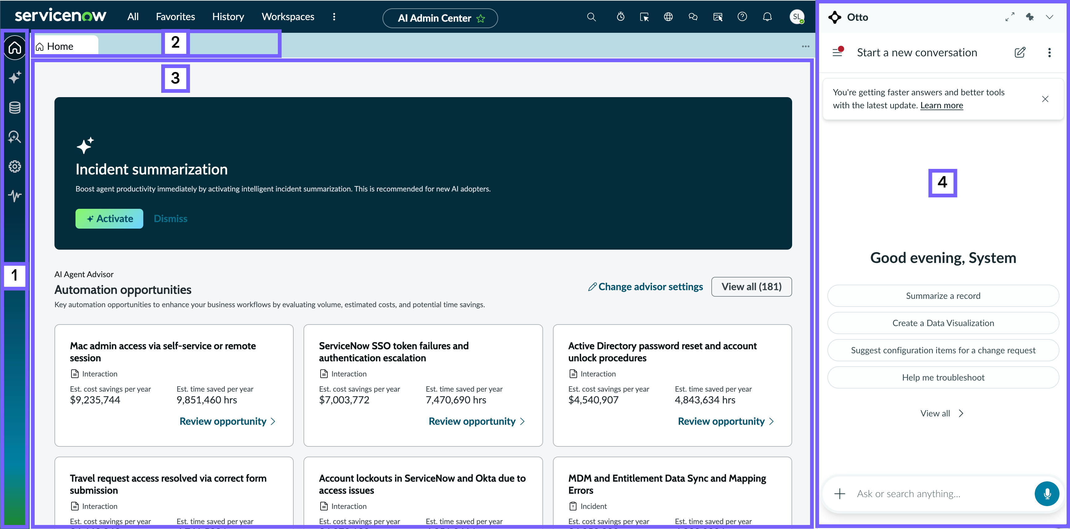 AI Admin Center workspace layout.
