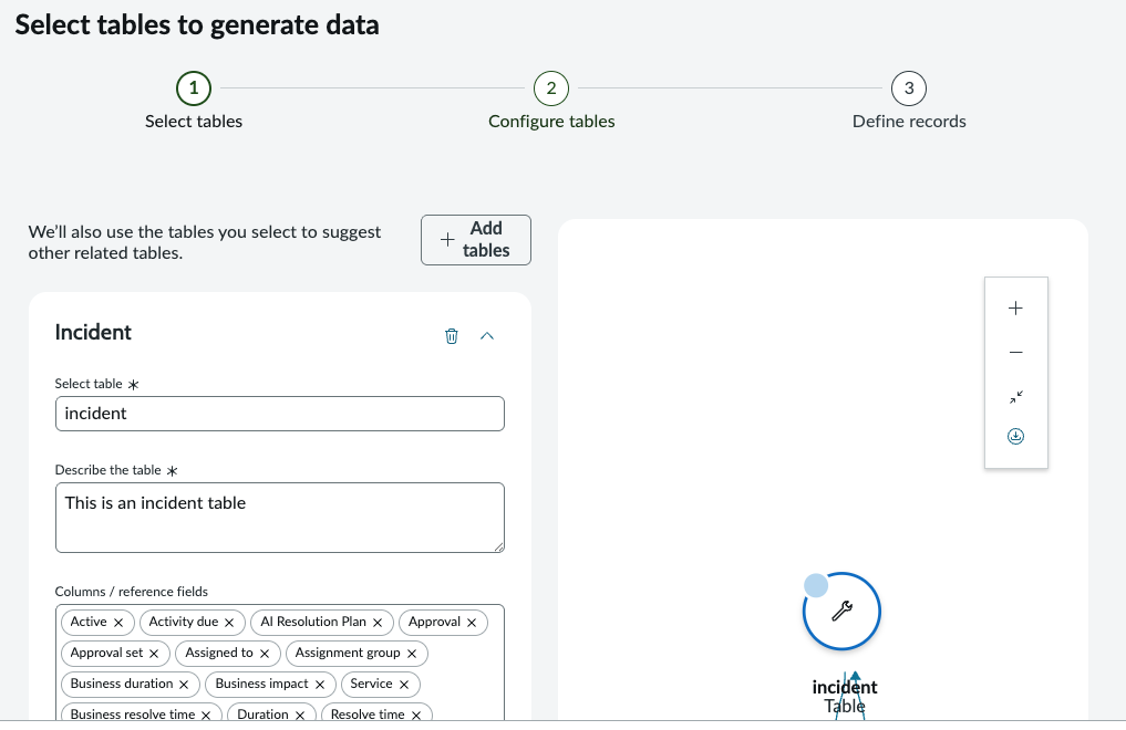 Select table screen for using the multi-table data generator.