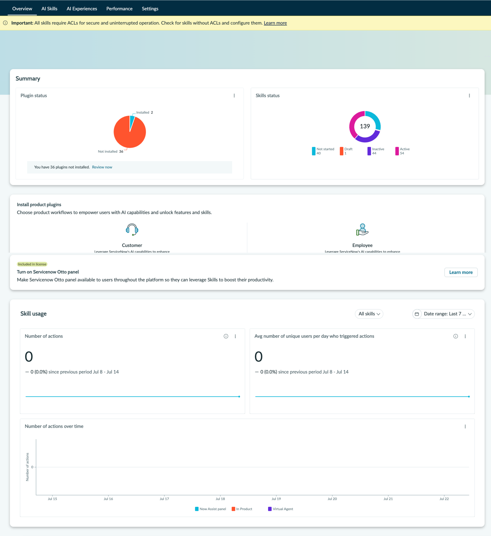 AI Admin Hub Overview page with plugins, skills installed, and the Now Assist journey checklist.
