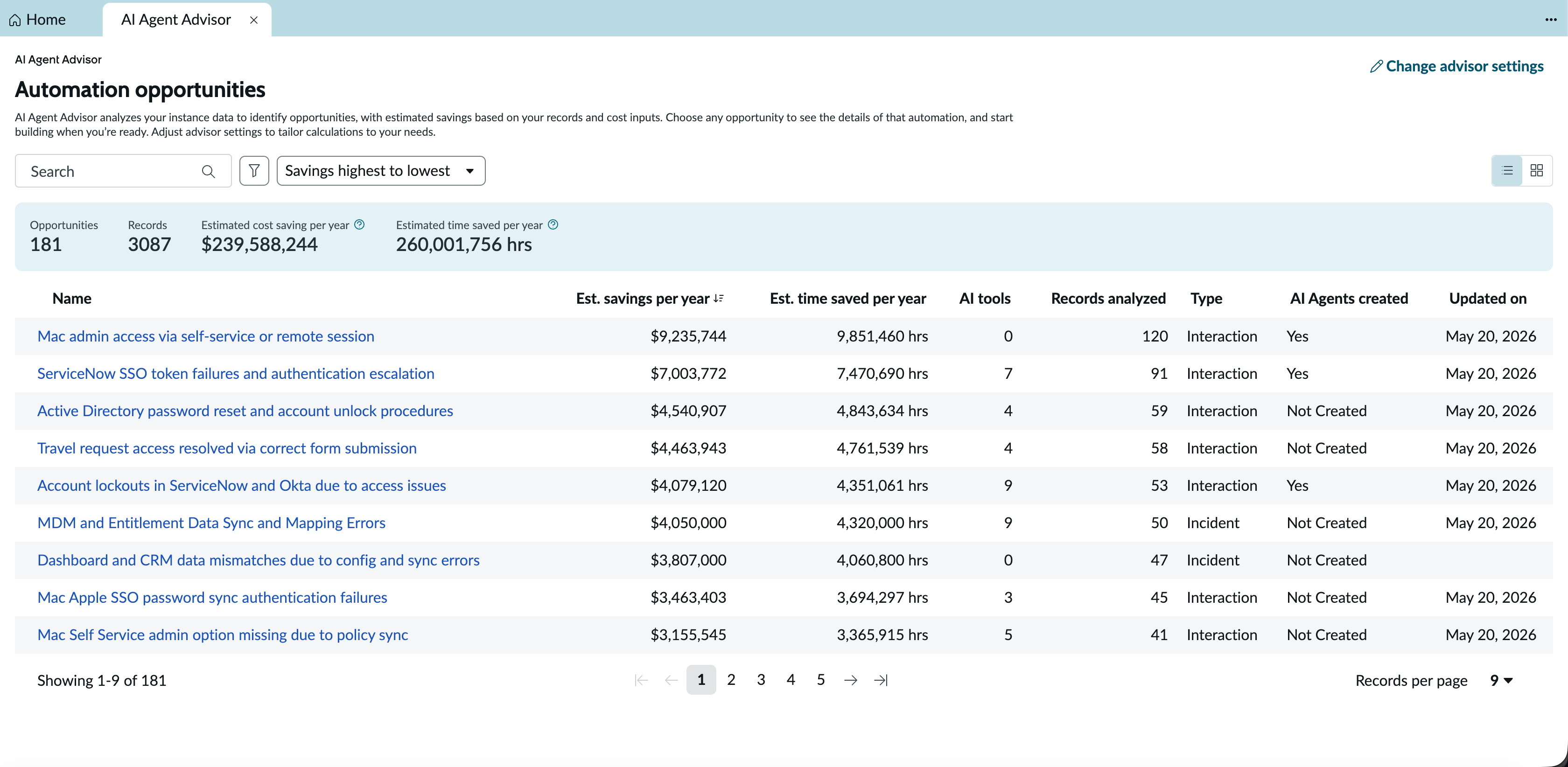Automation opportunities tab showing a list of all automation opportunities.