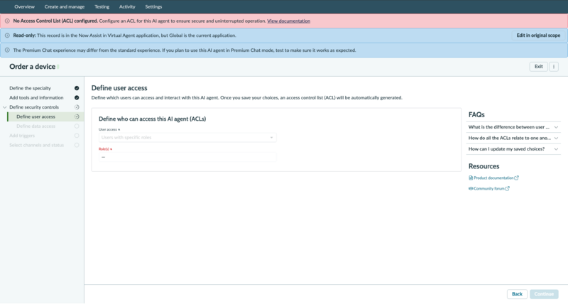 An AI agent guided setup page displaying a warning banner when no ACLs are configured.