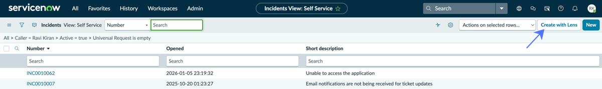 Create with Lens button on the ServiceNow instance.