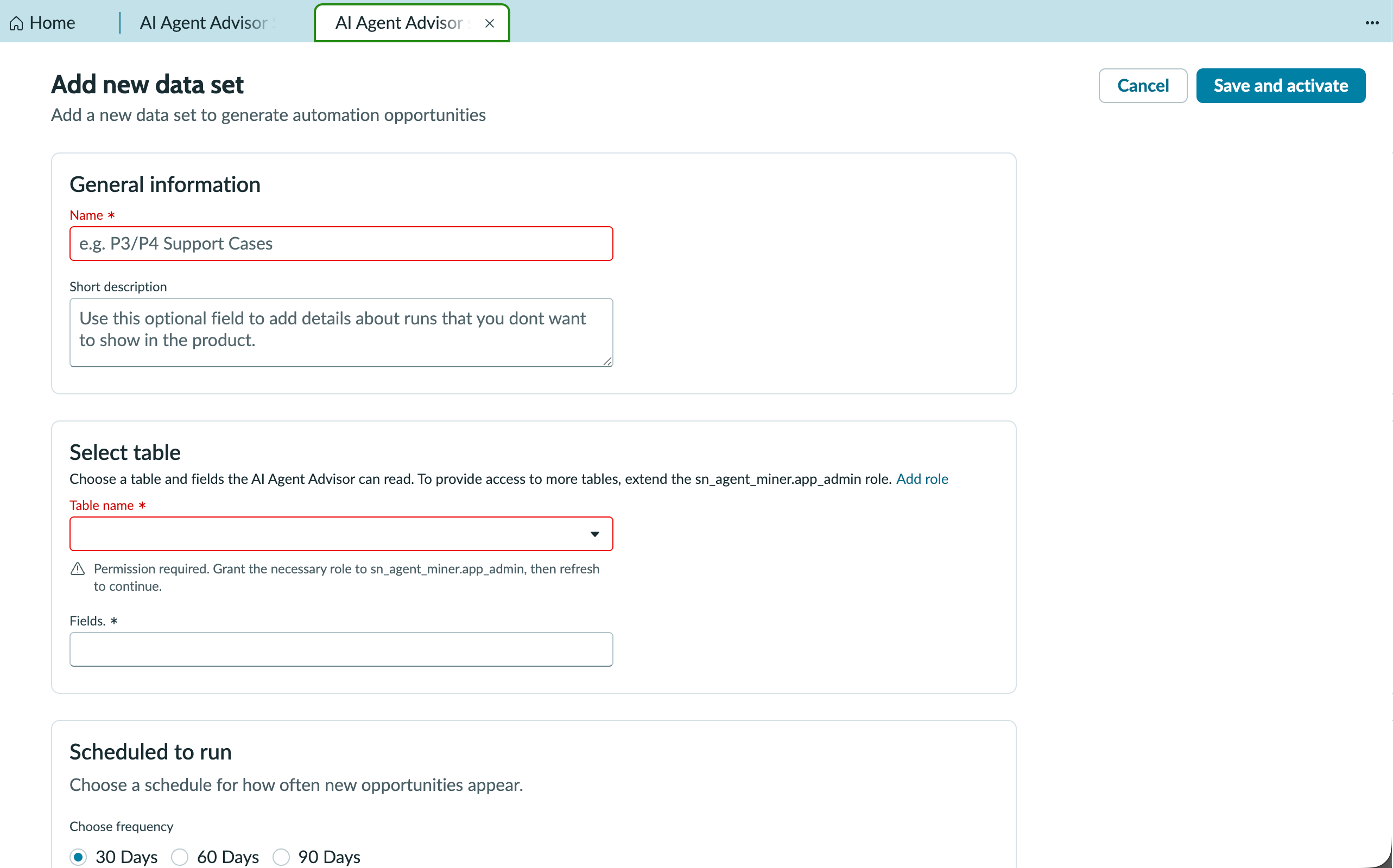 Add new data set page with fields to set up the data source analysis.