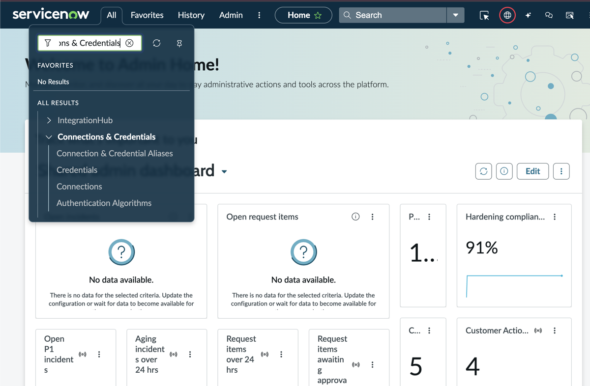 Connection and credentials navigation