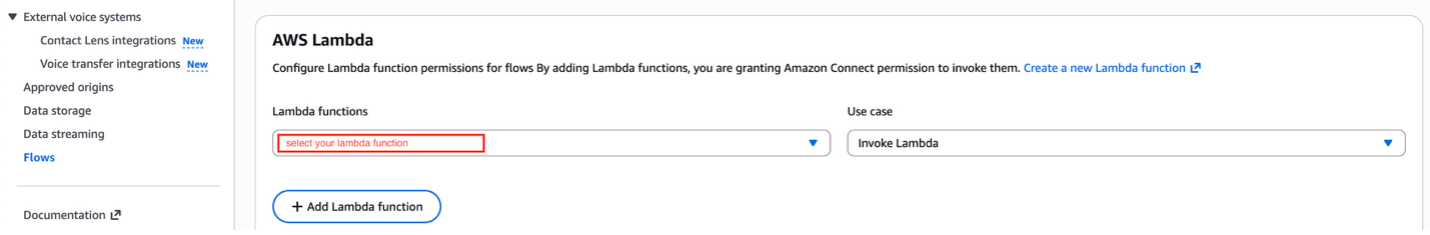 The AWS Lambda section under Flows in the Amazon Connect instance, showing the Lambda functions dropdown and Invoke Lambda use case.