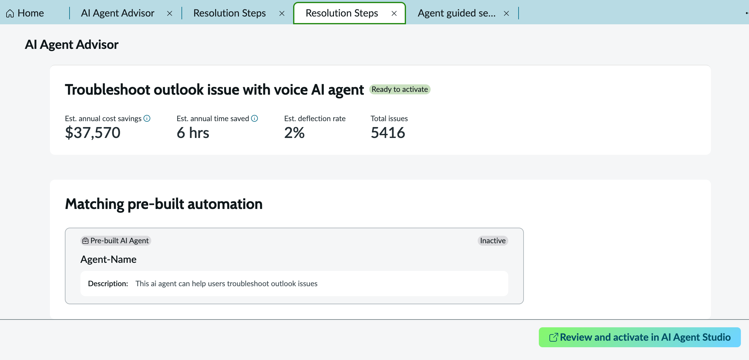 Automation opportunity details with a matching prebuilt AI agent.