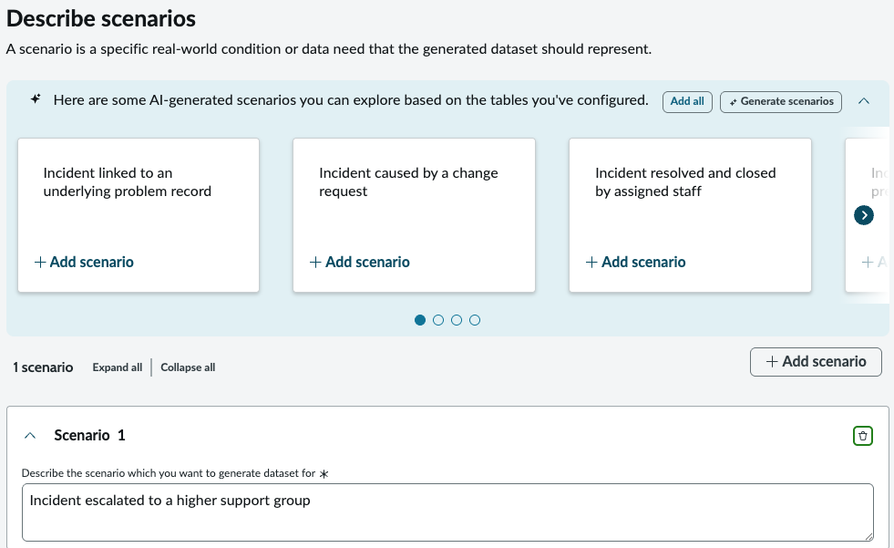 The scenarios screen for the multi-table data generator.