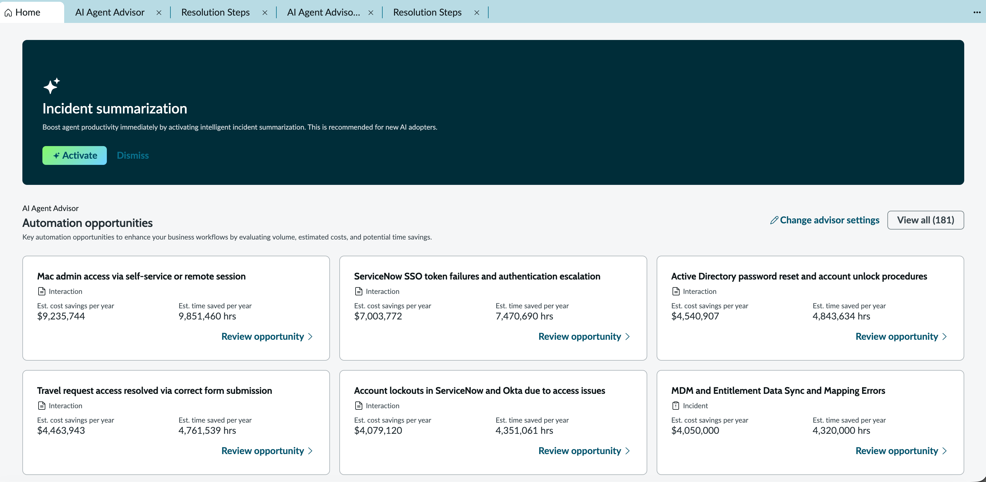 AI Agent Advisor section of the home page showing automation opportunities.