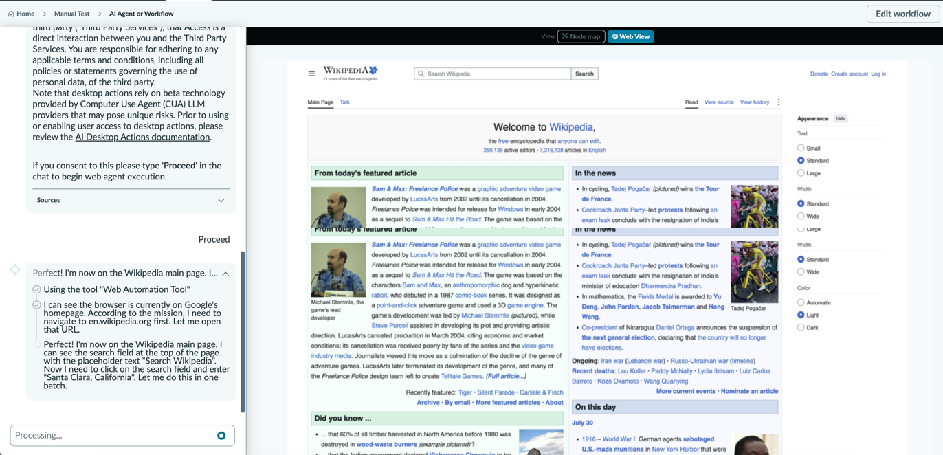 The web view in the testing module displays screenshots of the target website.