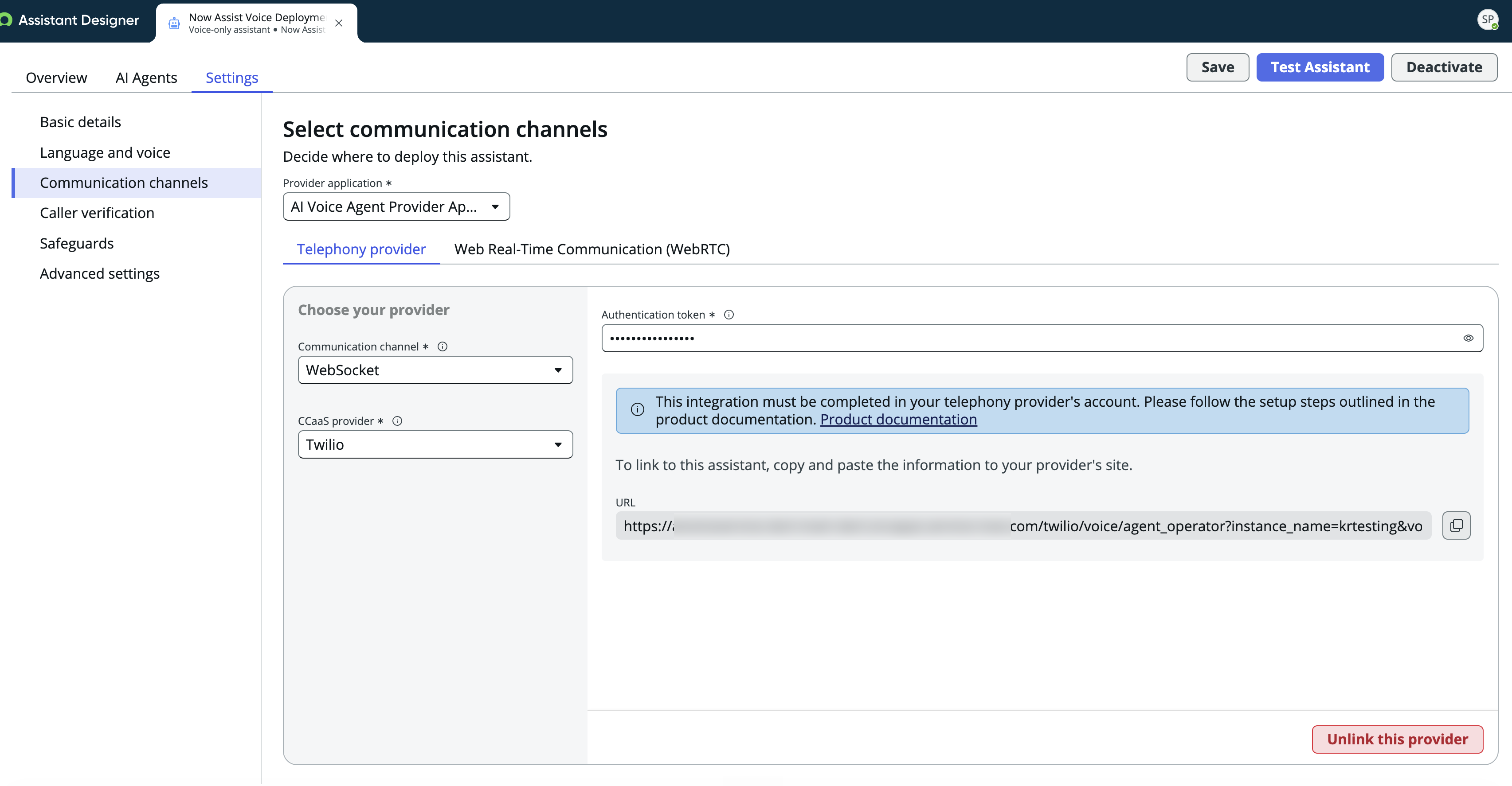 Twilio integration voice service integration configuration.