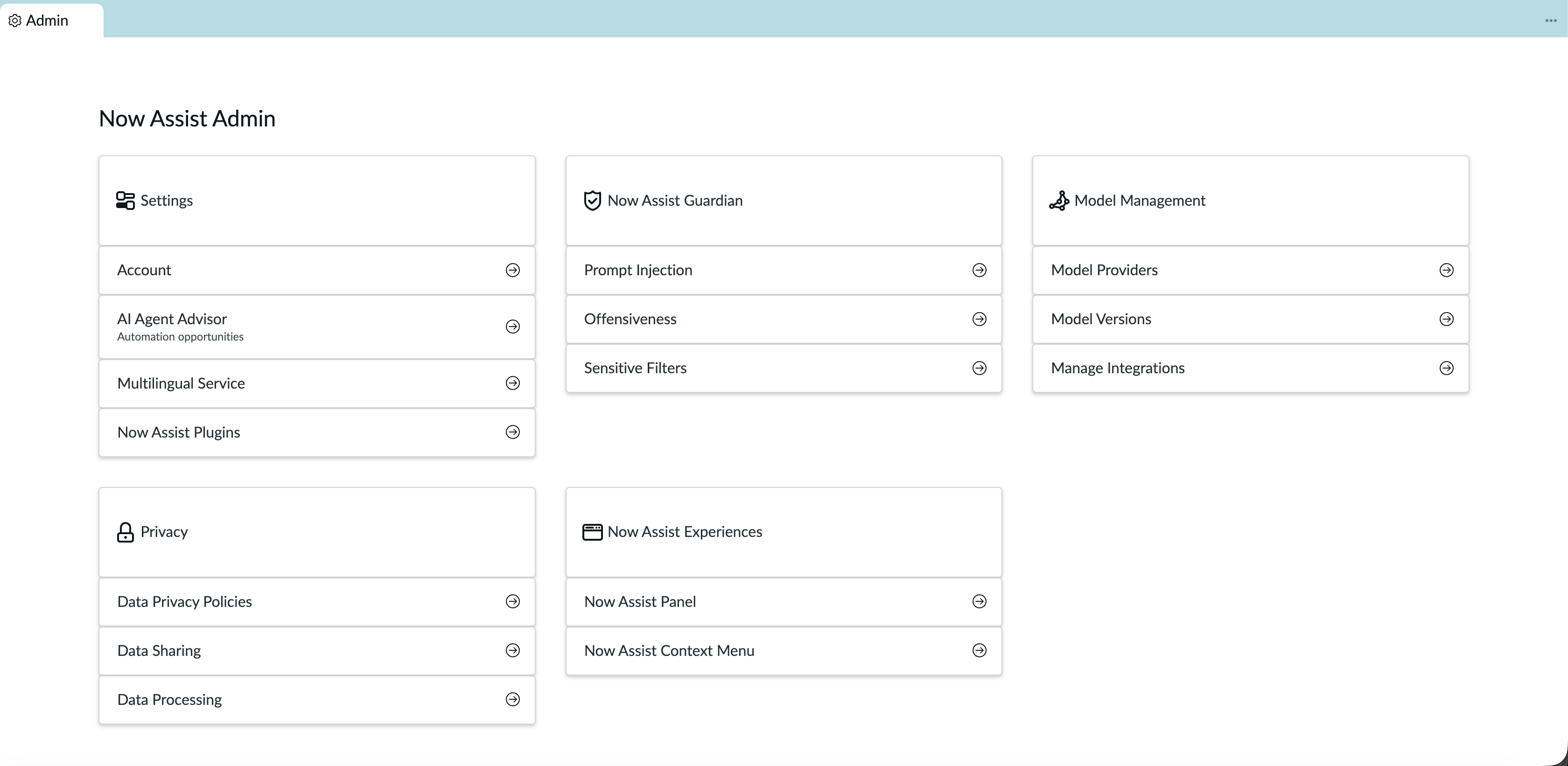 Now Assist Admin page in Now Assist Center.