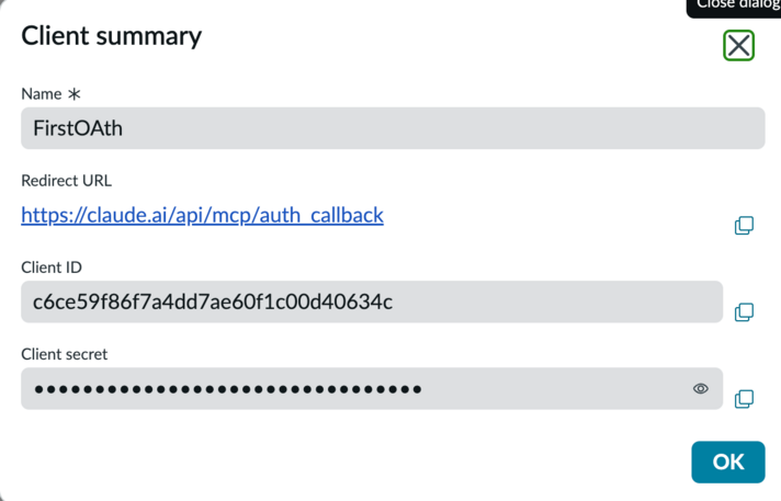 Client summary for OAuth creation