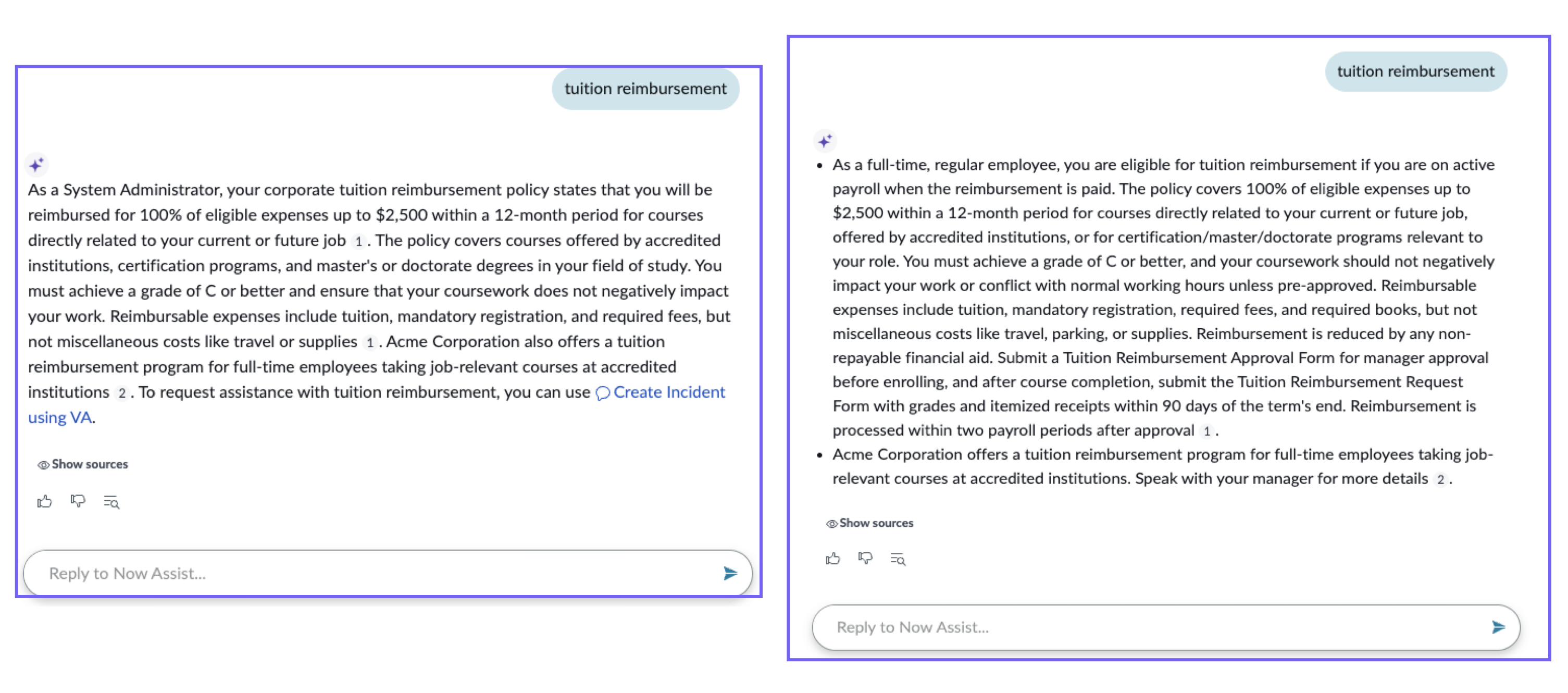 The first image shows the response from Now LLM Service. The second image shows the response from Azure.