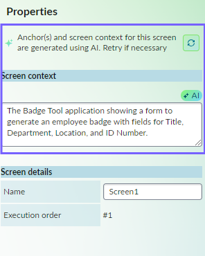 AI badge, retry option, and screen context for screens in the properties panel.