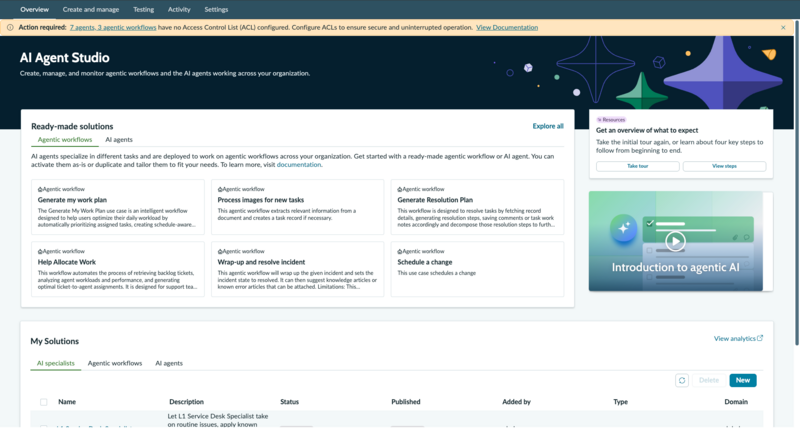 AI Agent Studio overview page displaying the number of AI agents and agentic workflows that don't have the access control lists configured.