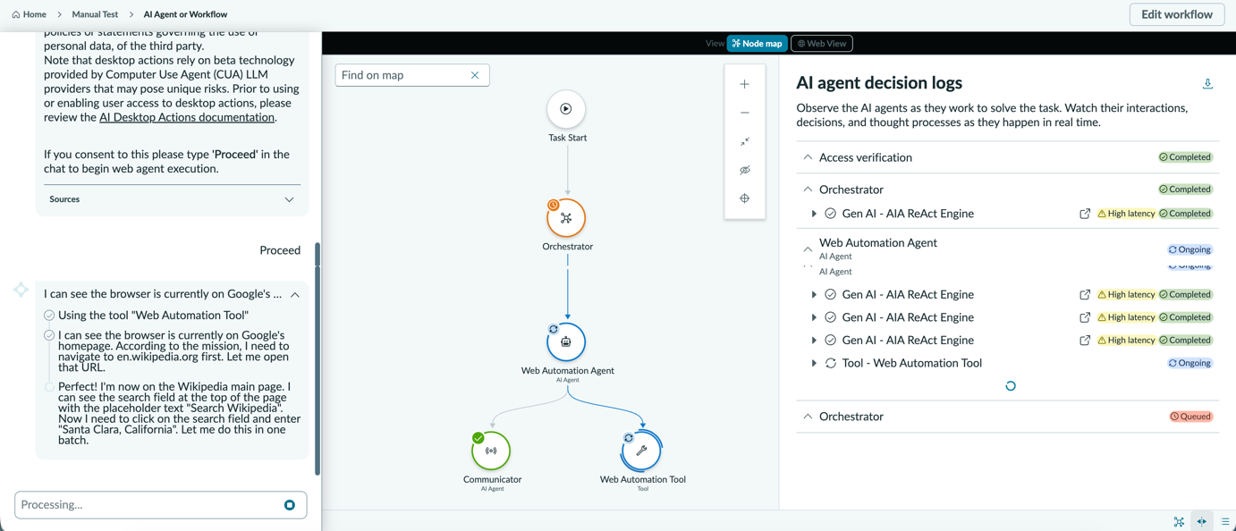 Testing module showing AI process map displays a diagram of agent orchestration, AI agent decision logs, and execution plan in the chat panel.