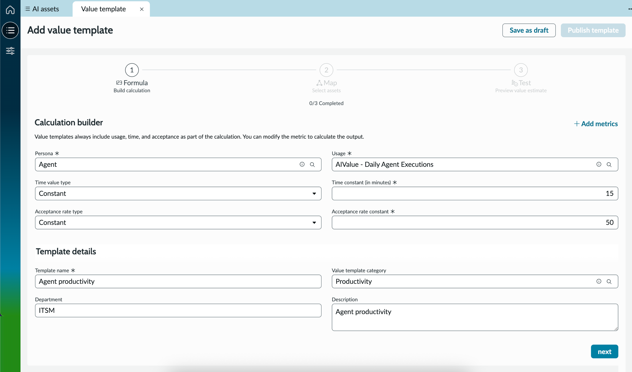 Formula section in the Add value template form in AI Control Tower.