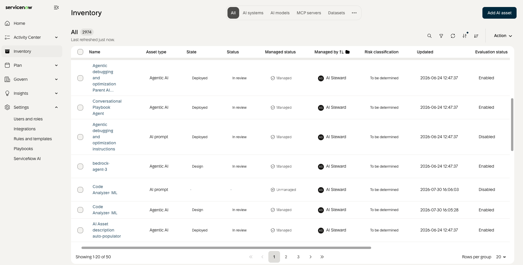 Example AI asset inventory showing a list of AI assets showing asset types, asset states, asset status, management status, and evaluation status.