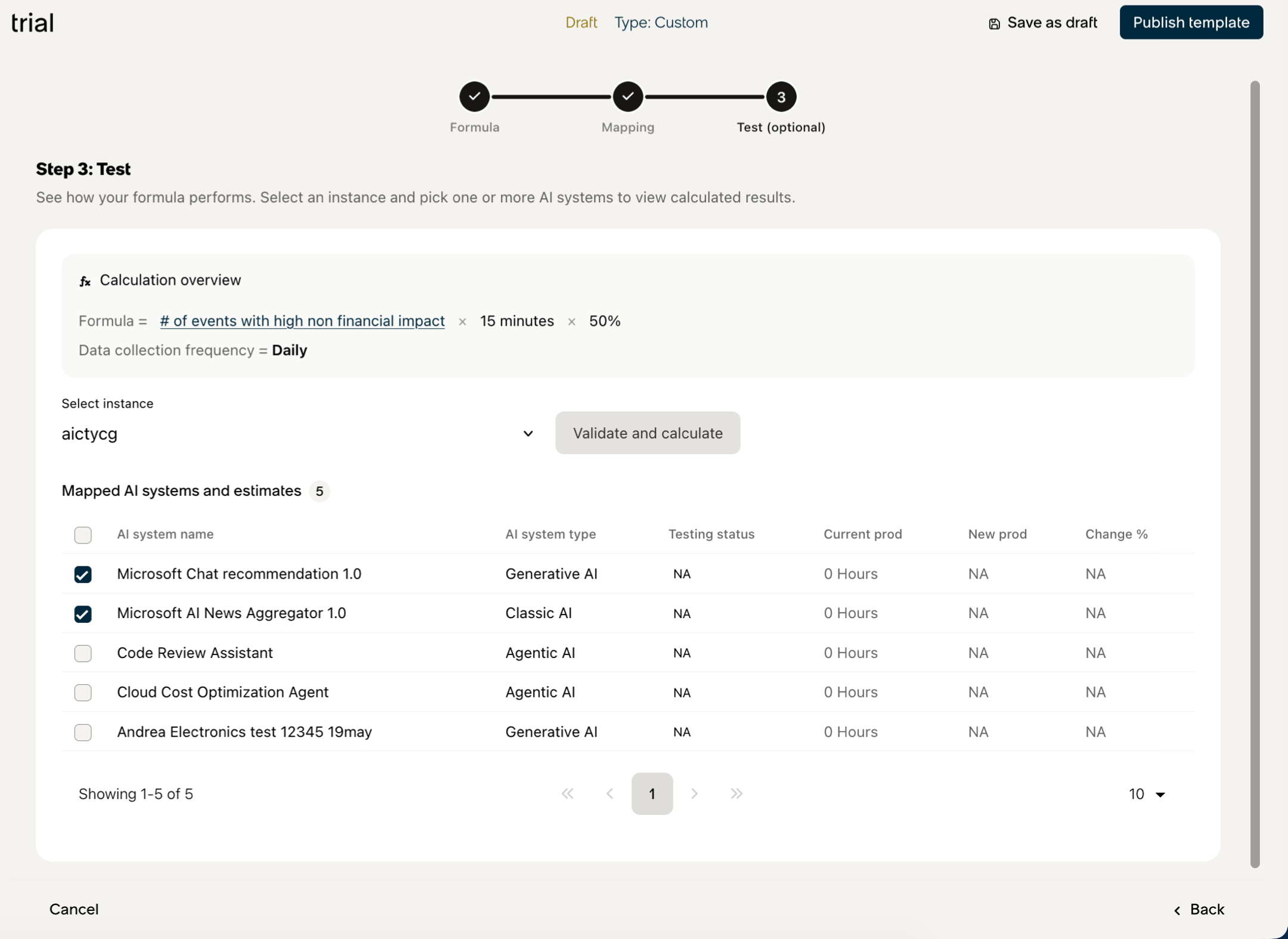 Test section in the Add value template form in AI Control Tower
