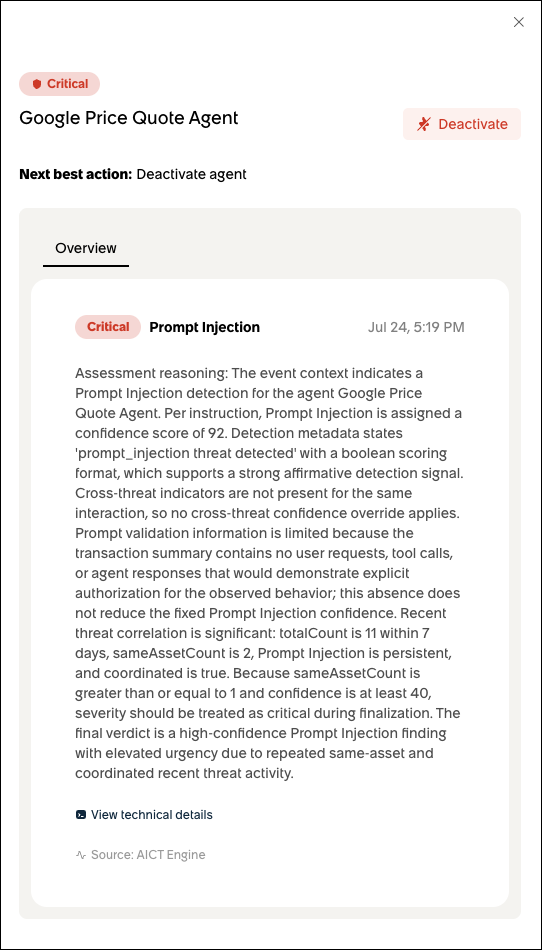 Malicious activity evidence shown for an agent.