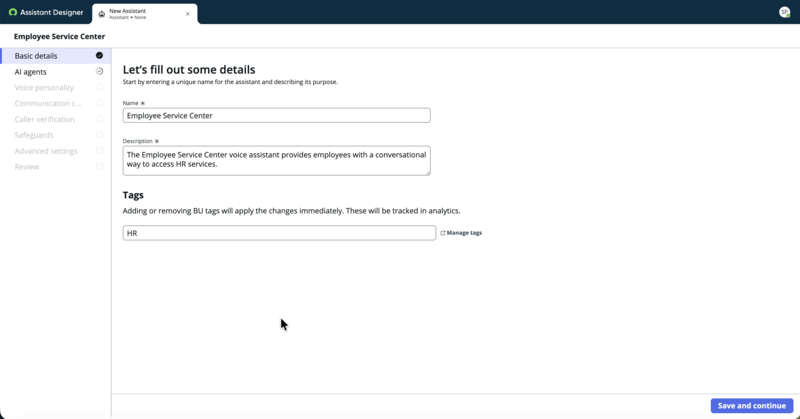 Basic details form with Name, Description, and Tags fields for configuring the voice assistant identity and analytics tracking.