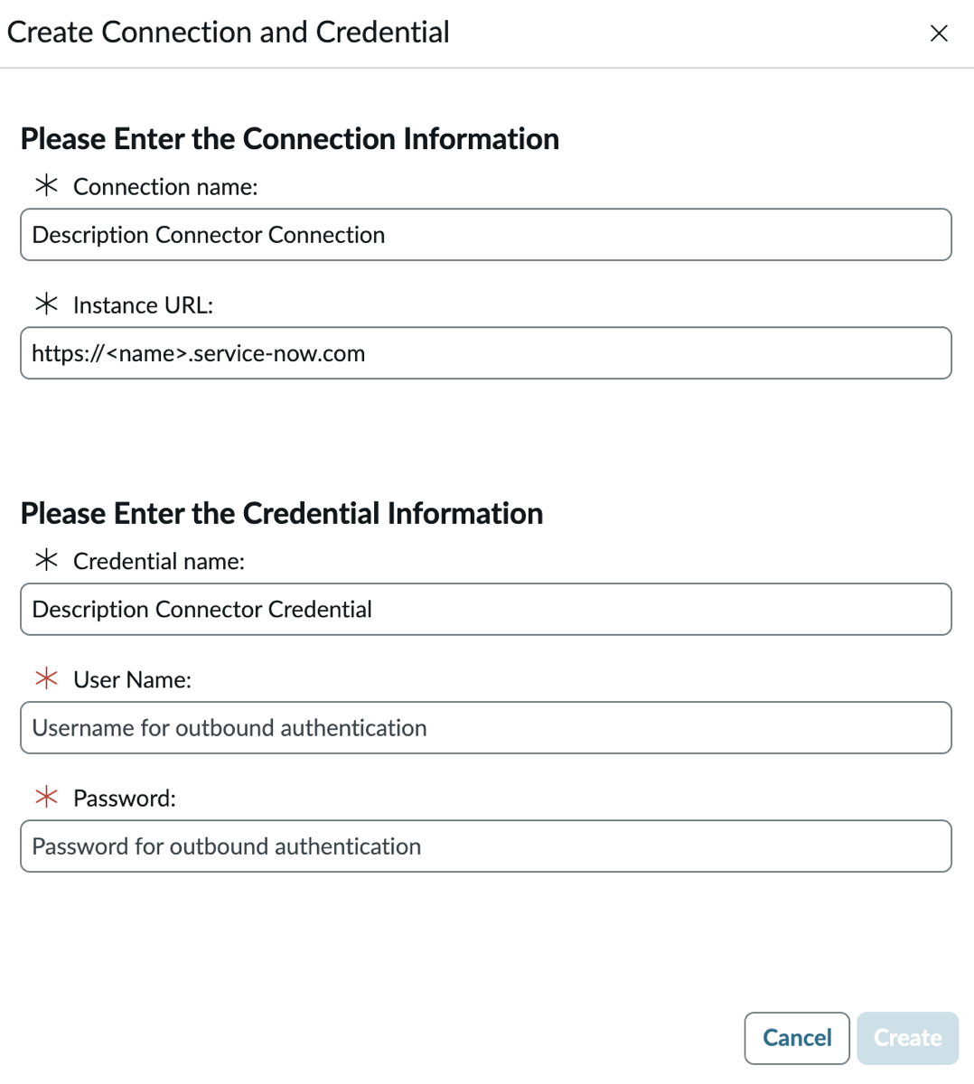 Create connection and credentials form