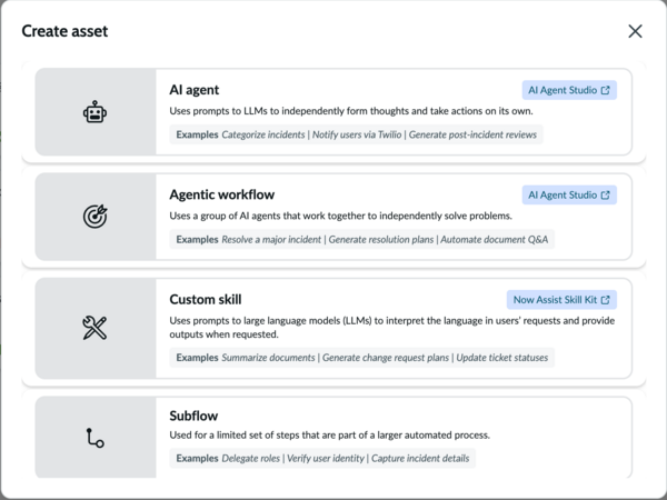 Create asset box showing options for the new asset type.