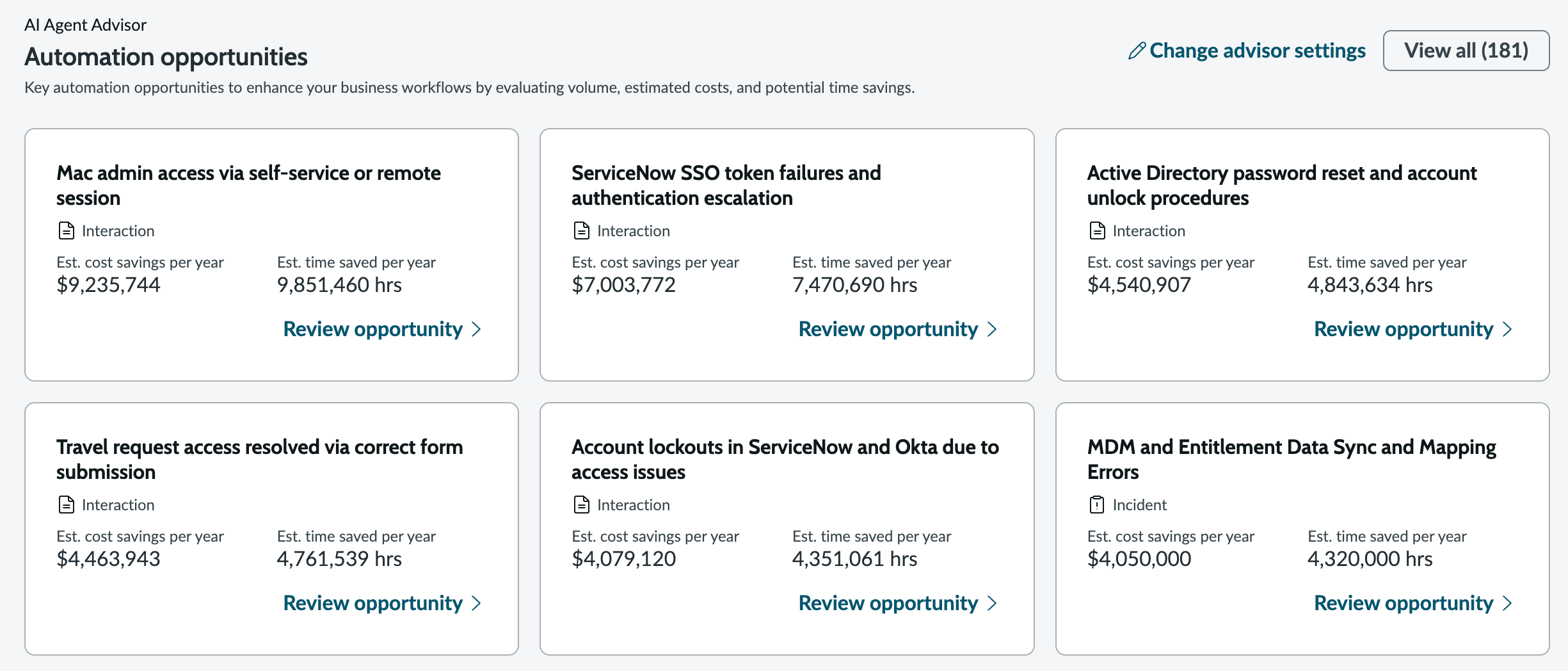 Automation opportunities shown in Now Assist Center.