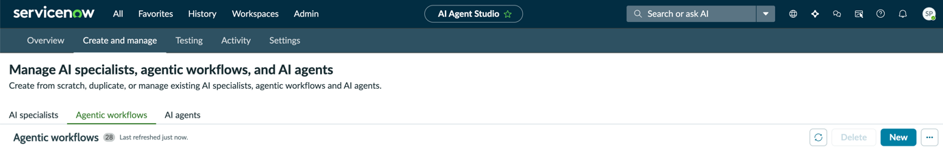 The Agentic workflows tab on the Manage agentic workflows and AI agents module in AI Agent Studio.