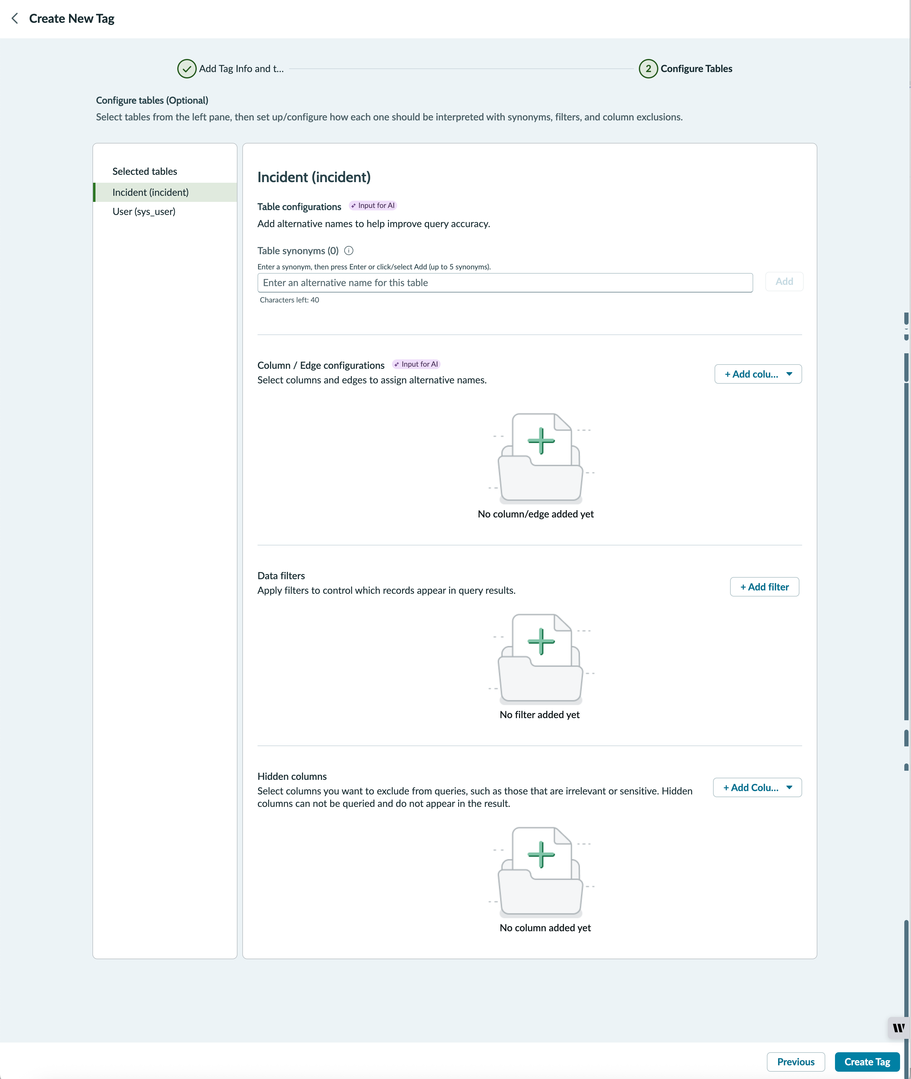 New tag configure tables page