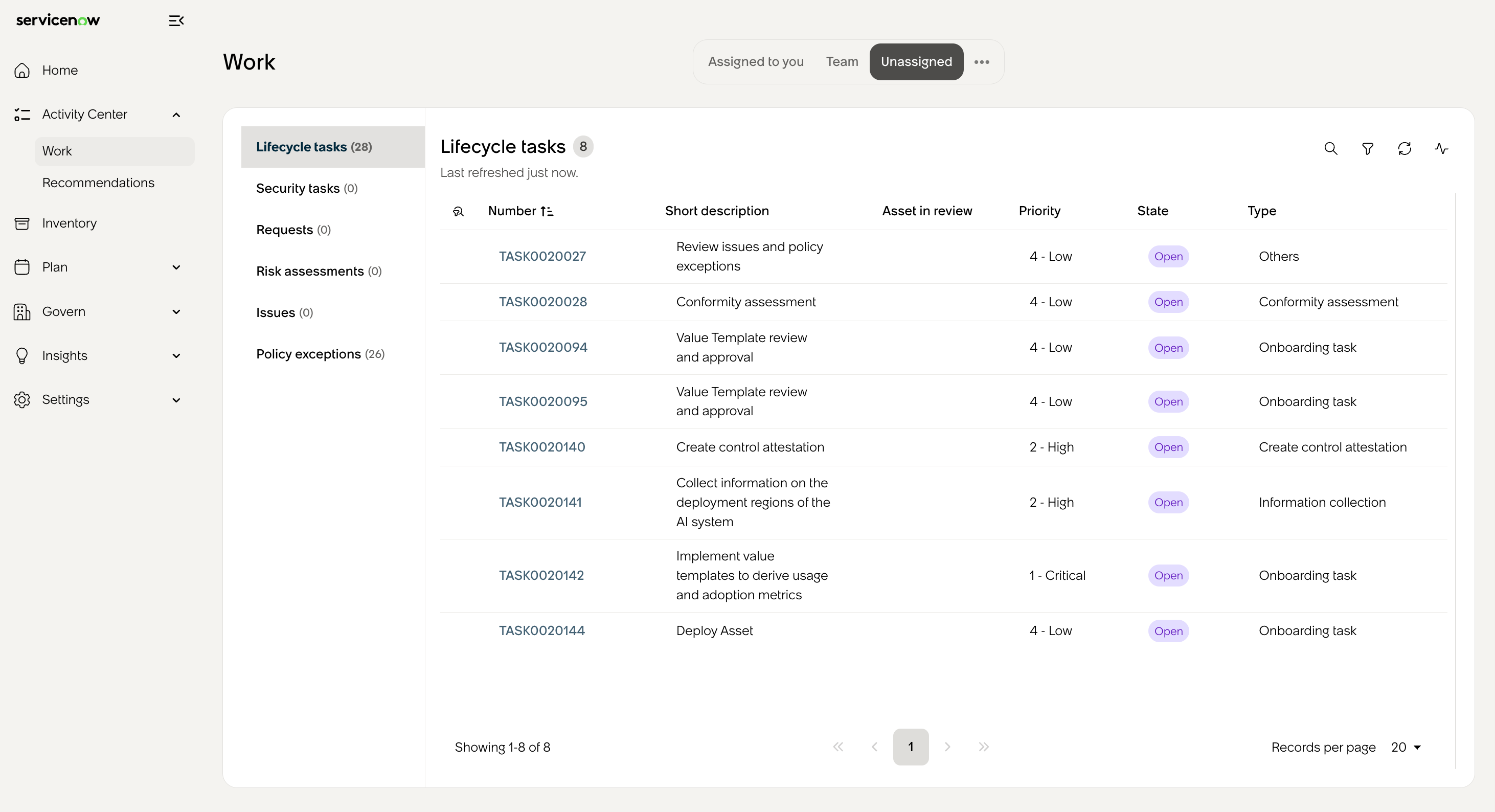 Tasks in Activity Center grouped by Task type.