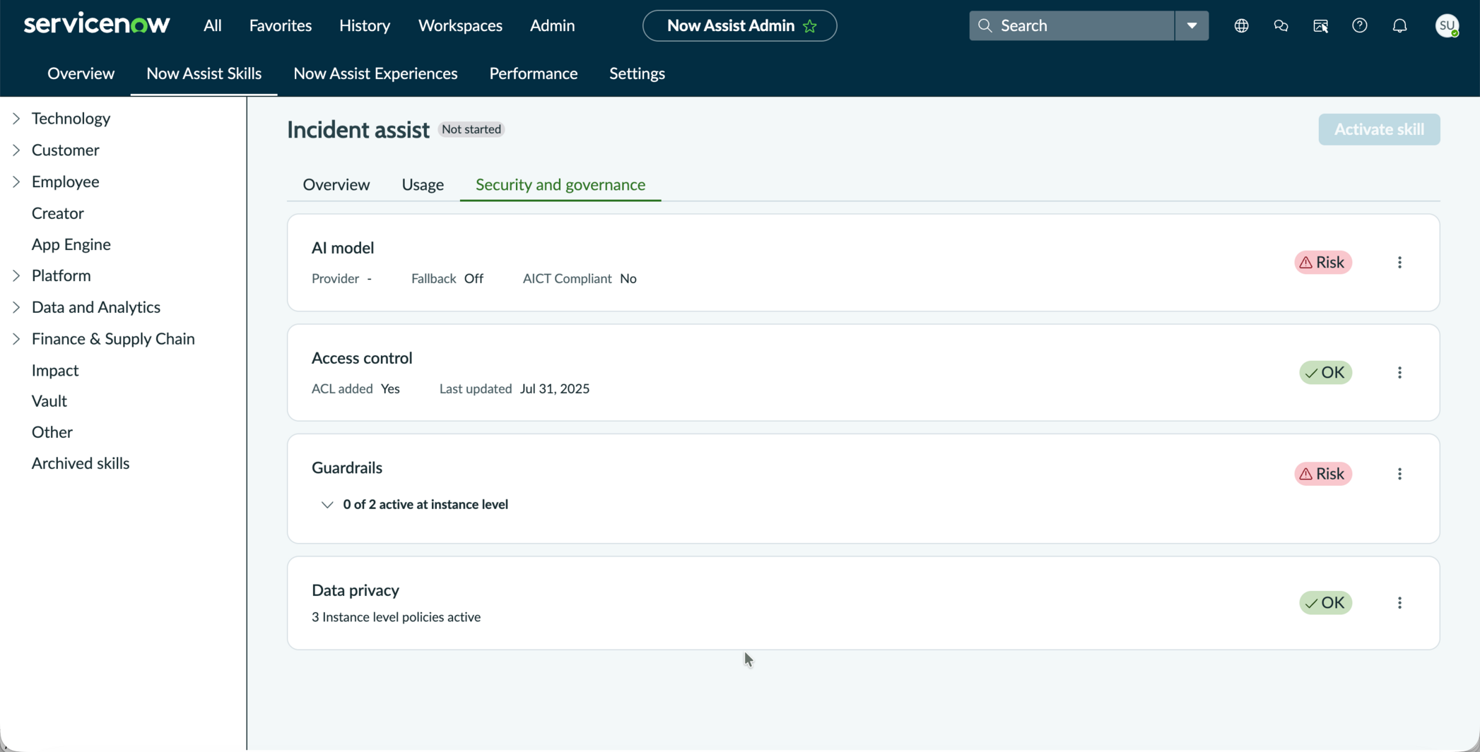 Skill details- Security and governance tab