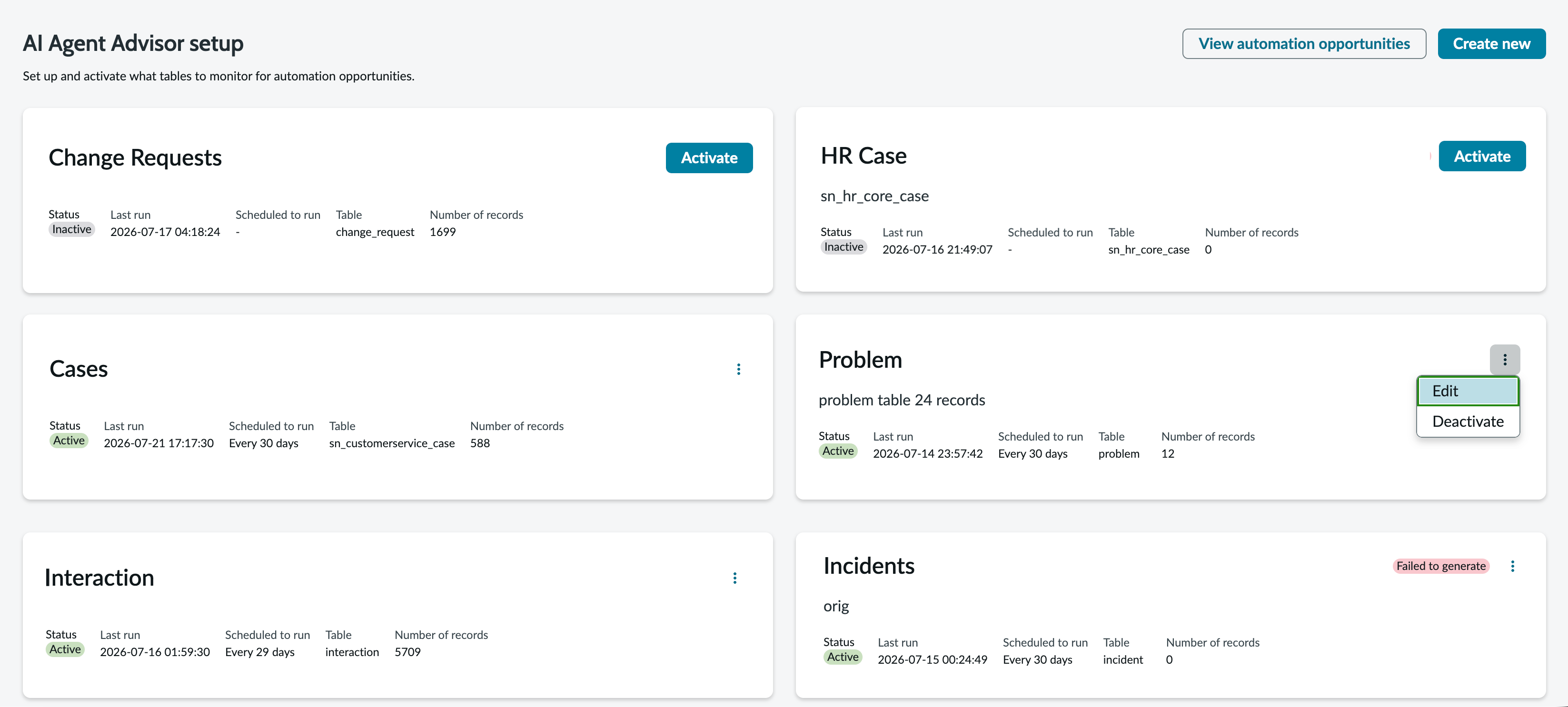 Separate cards for each data source on the AI Agent Advisor setup page.