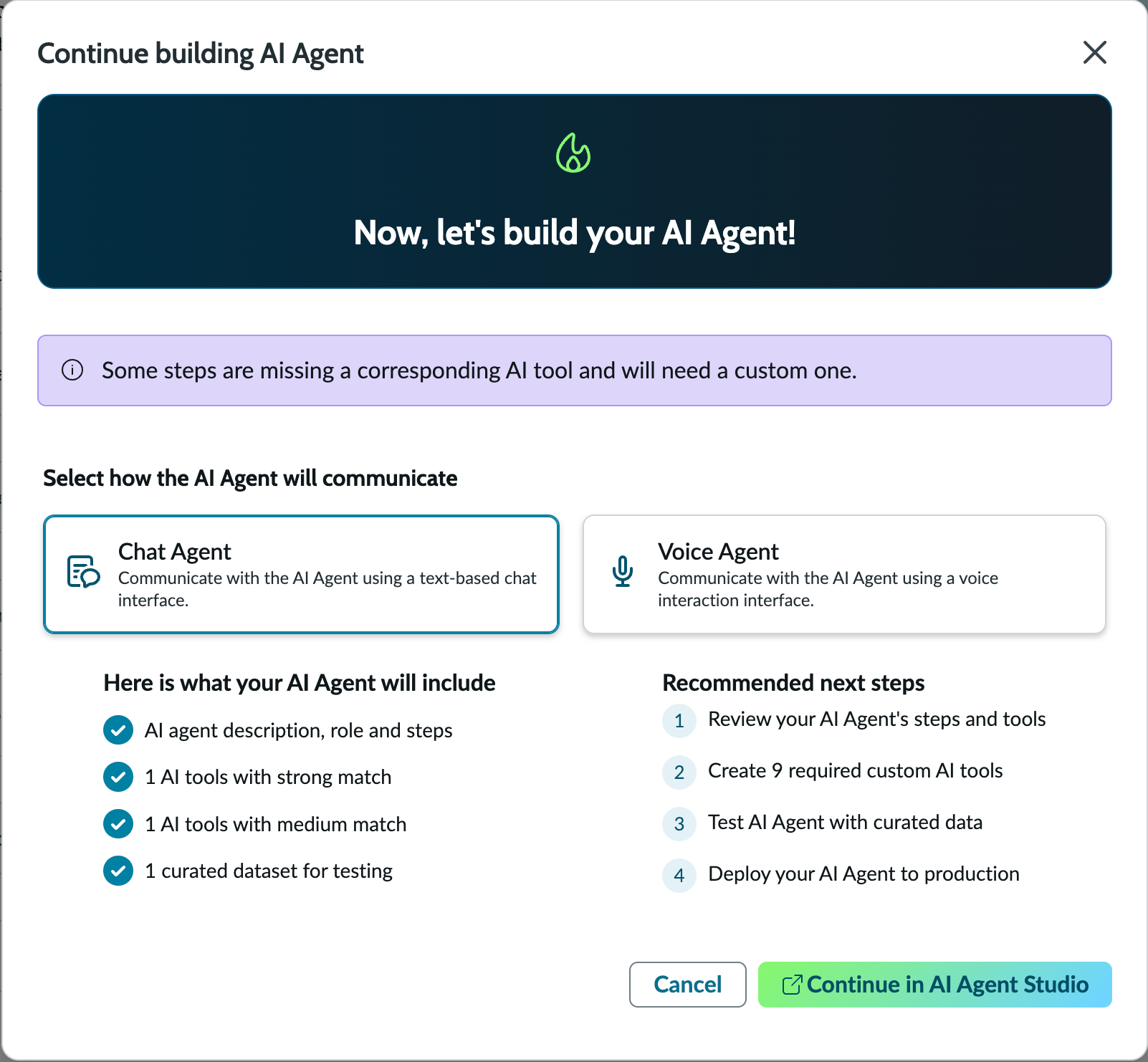 Continue building AI agent box showing steps for building an agent.