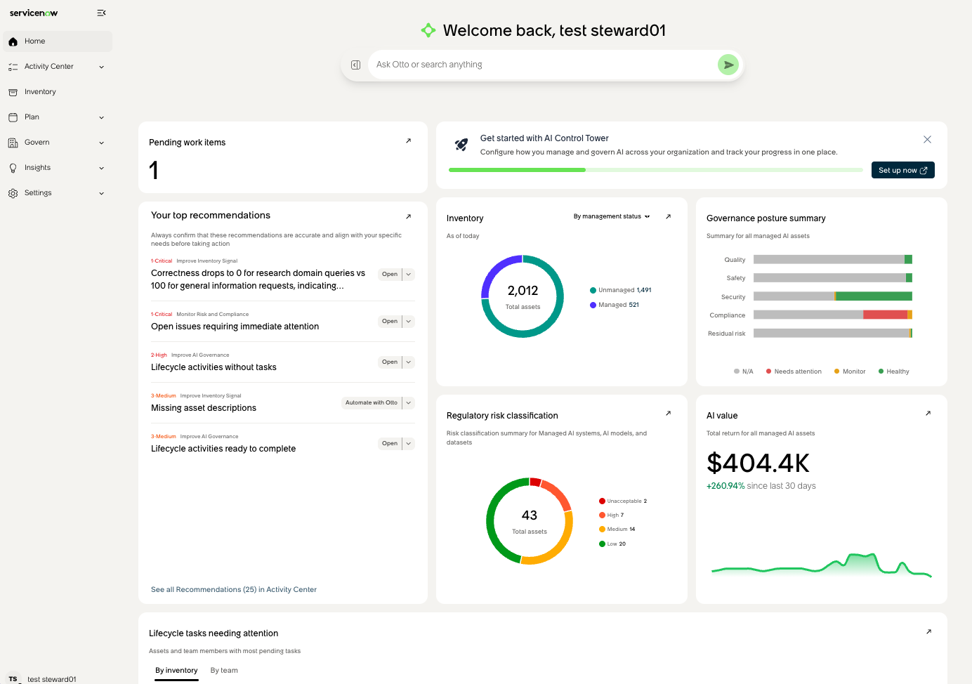 Access an overview of your AI portfolio on the Home tab in AI Control Tower.
