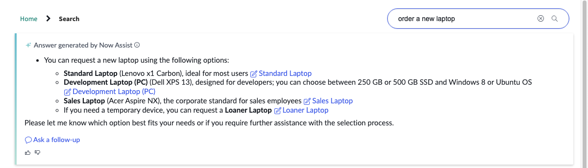 Now Assist Genius Result answer card showing synthesized response containing Service Catalog item offerings with source record citations.