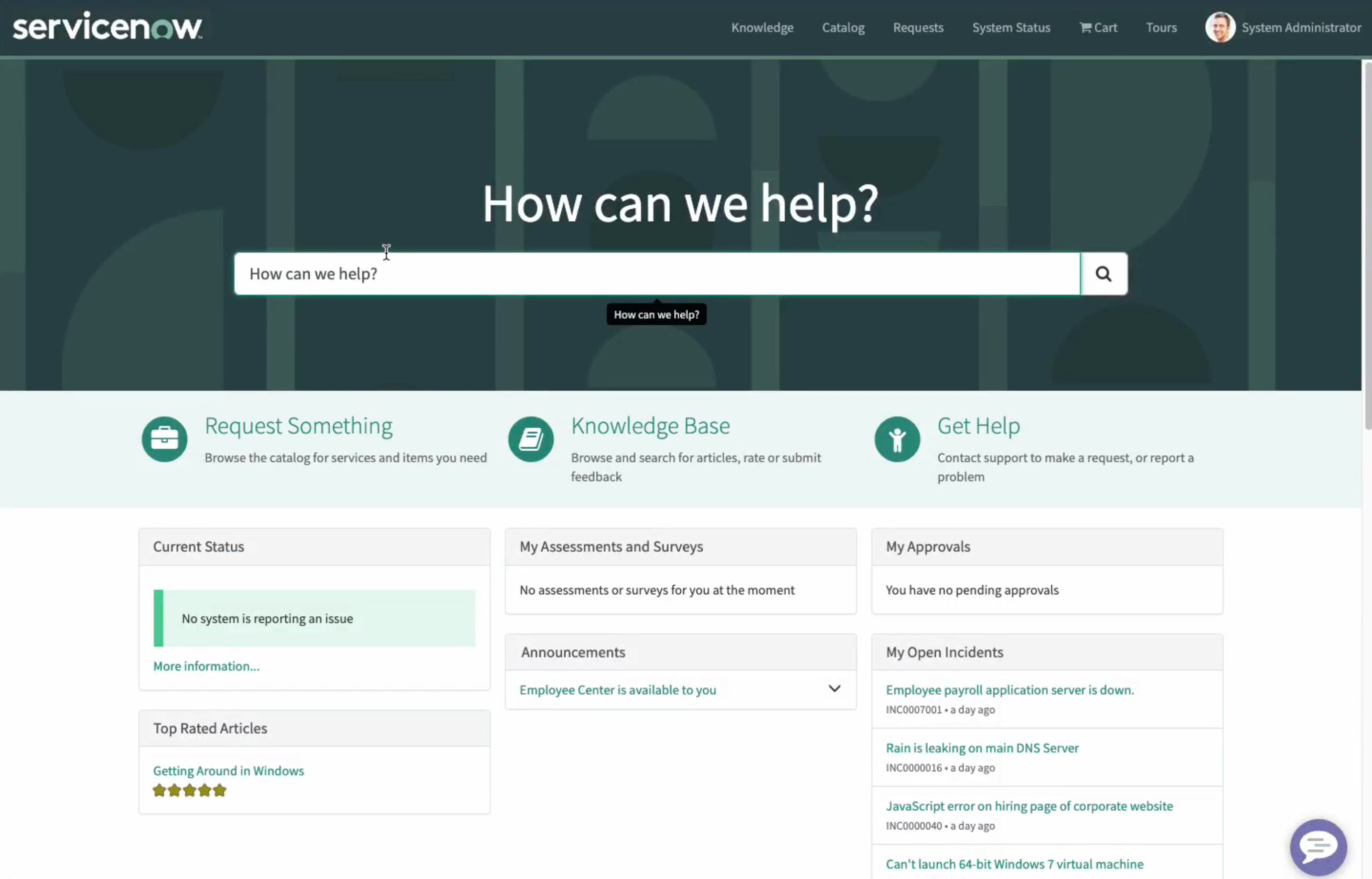 Ein Serviceportal-Startbildschirm