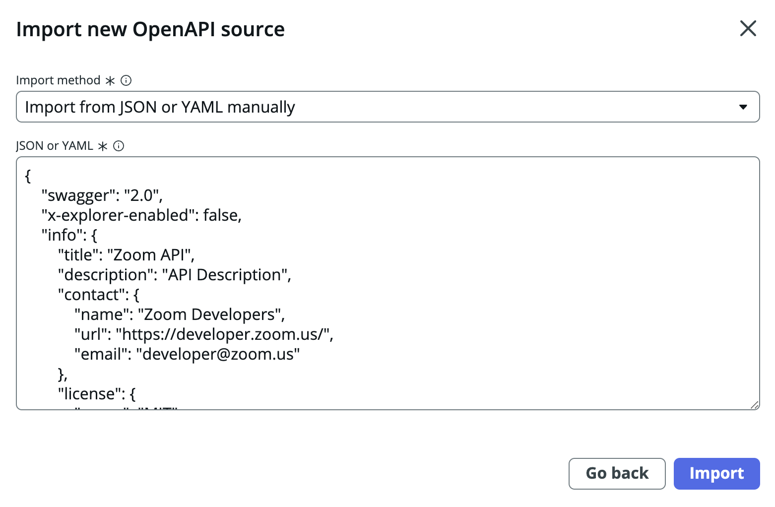 Erstellen Sie die Spoke manuell, indem Sie JSON oder YAML importieren.