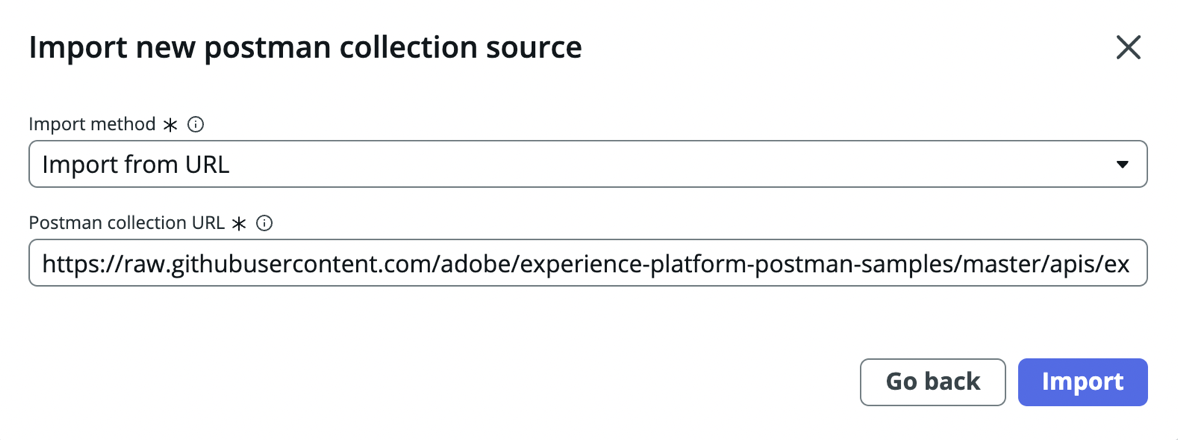 Importieren Sie eine neue Postman-Sammlungsquelle manuell aus der URL.