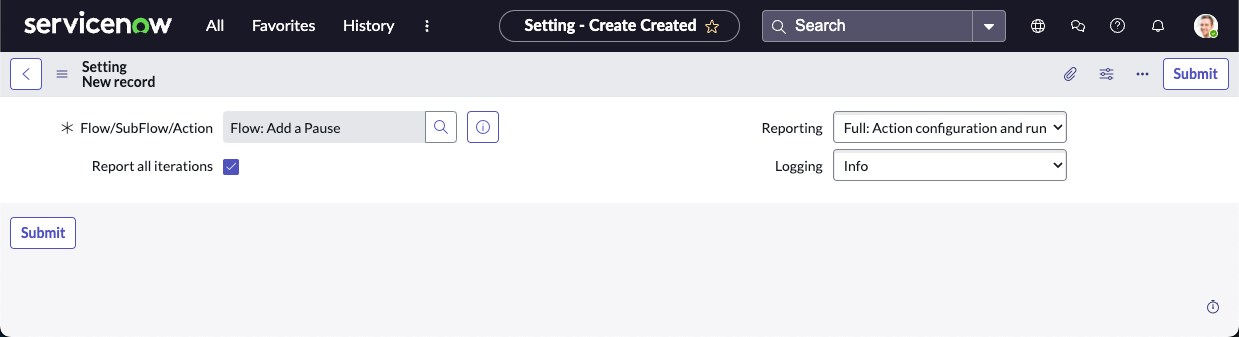 Ausführungseinstellungsdatensatz für den Flow namens „Pause hinzufügen“. Der Flow meldet alle Iterationen, generiert vollständige Reportingdetails und repliziert Protokolle auf der Informationsebene.