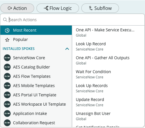 Die Option Neueste zeigt eine Liste der zuletzt verwendeten Aktionen an, z.&nbsp;B. die Aktion Datensatz suchen in der ServiceNow Core-Spoke.