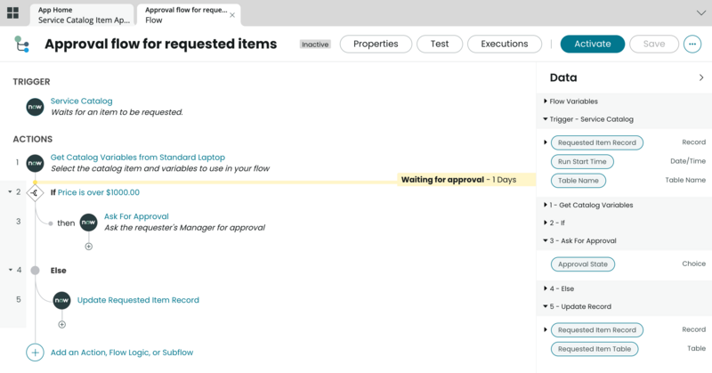 Ein Beispiel für einen Genehmigungs-Flow, der die Genehmigung durch einen Manager für angeforderte Artikel erfordert, deren Preis höher als 1.000&nbsp;USD ist