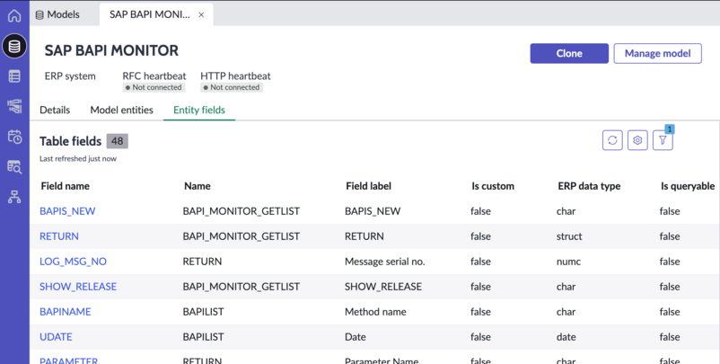 Table entity fields for an ERP model