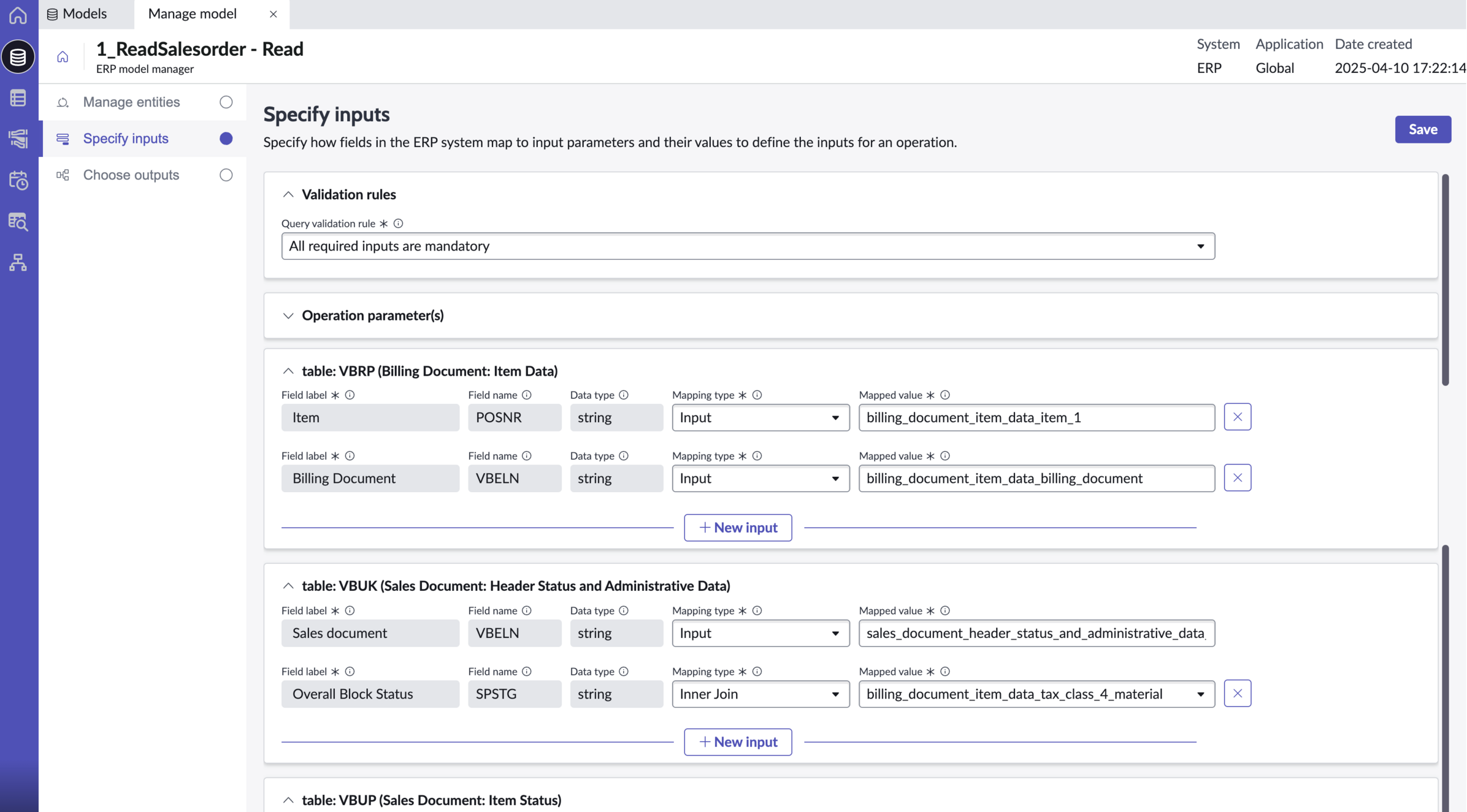 Specify input parameters.