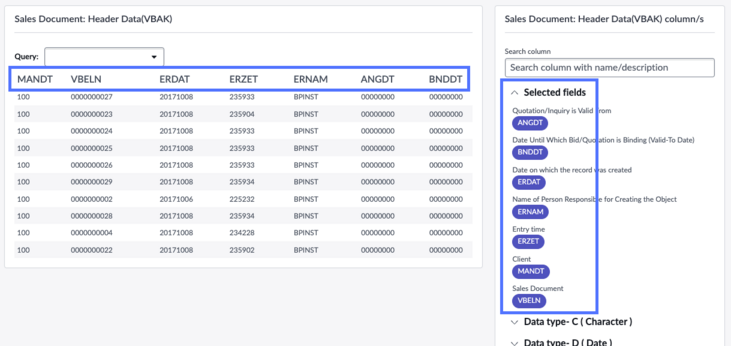 List of fields associated with the specified table.