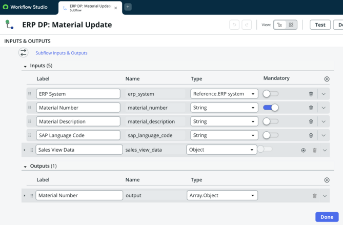 Inputs and outputs section expanded showing the inputs and outputs in the subflow.