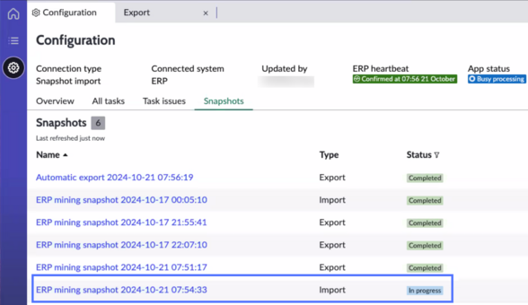 Snapshots list with automatic export completed and import listed as in progress.